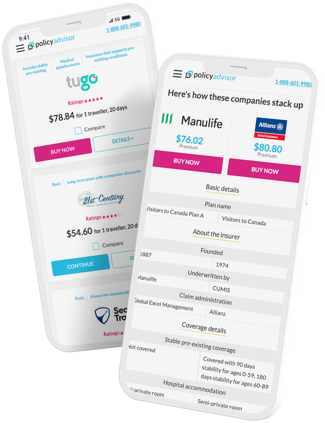 PolicyAdvisor app showing visitor insurance quotes from multiple insurers side by side