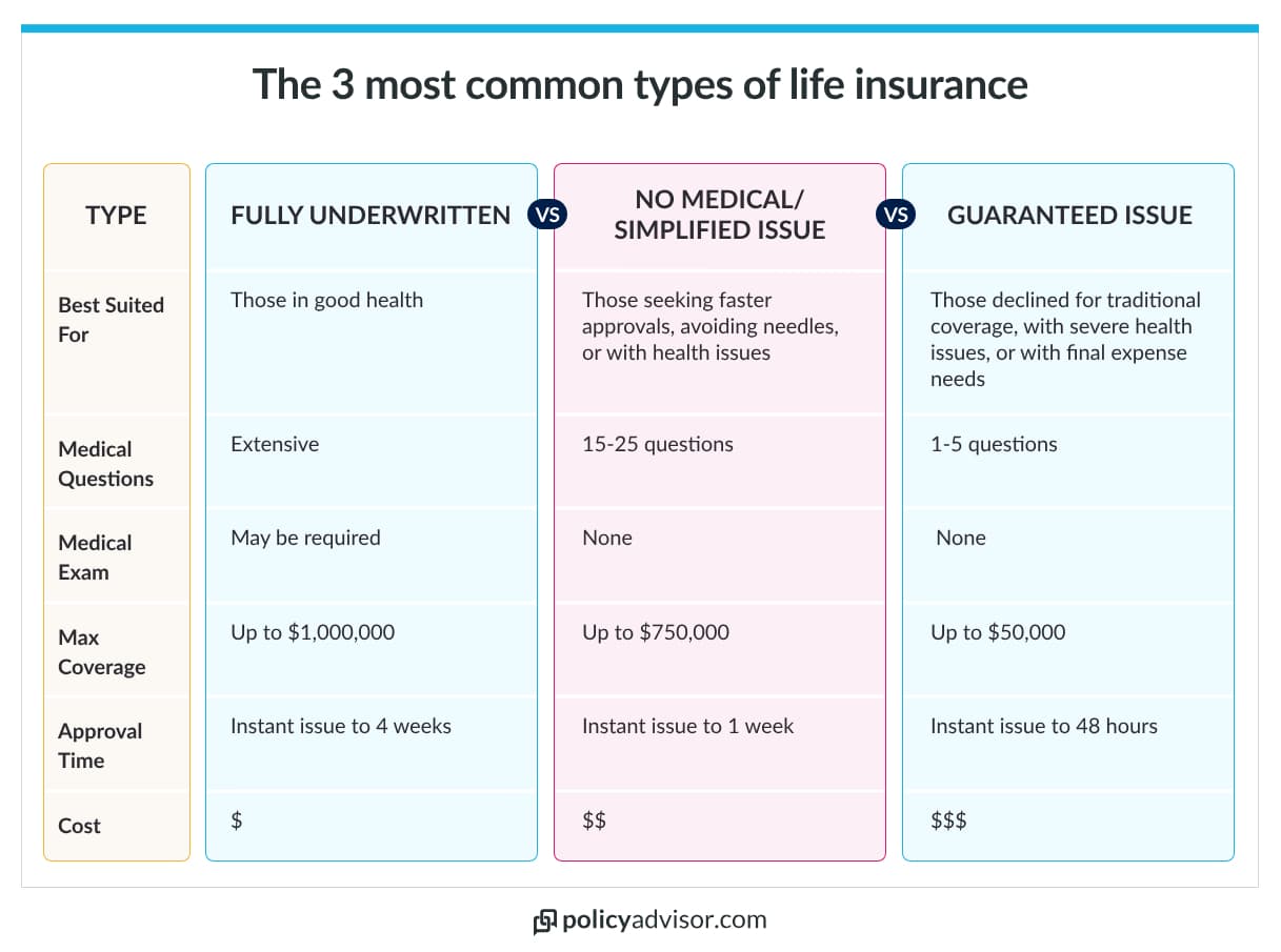 The most common types of life insurance are traditional, simplified issue, and guaranteed issue.